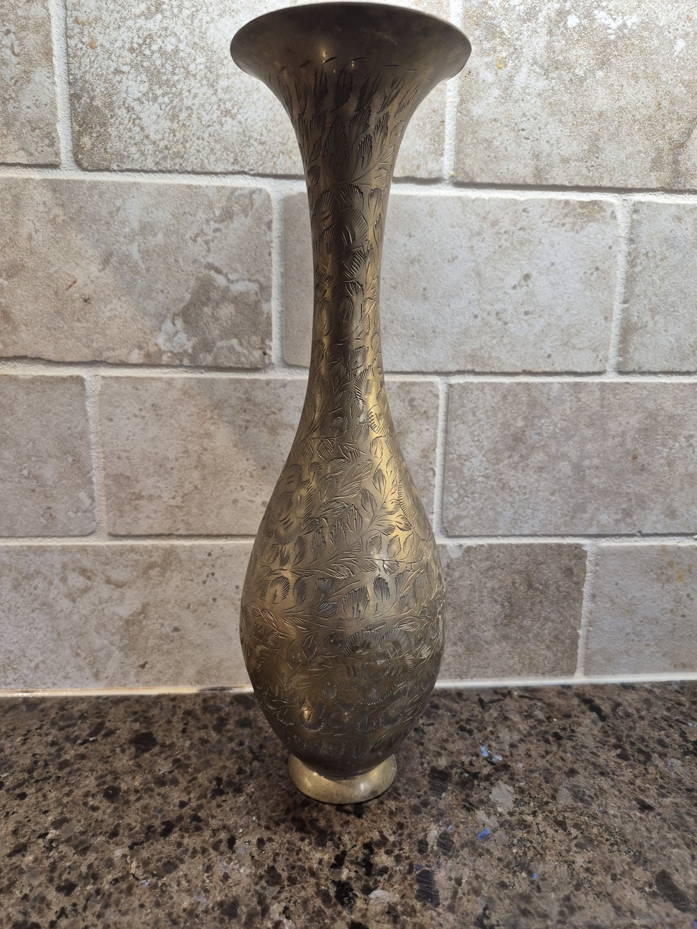 Vintage Brass Vase Hand Etched Floral Boho World Gift India Mid Century EUC